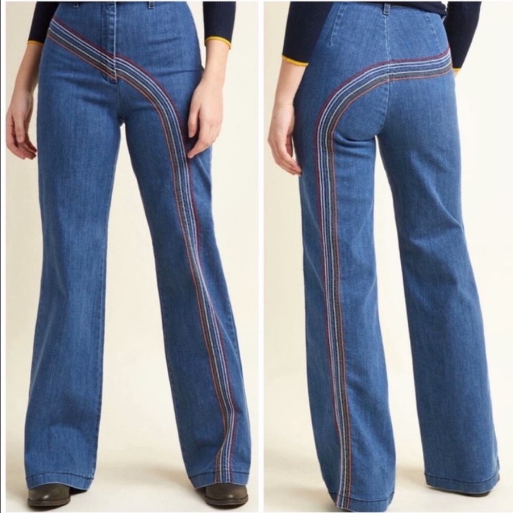 Modcloth Rainbow With Me Wide Leg Flare Jeans High Rise size 12 women’s retro